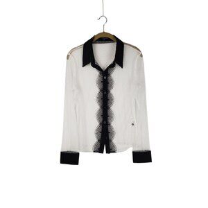 CQ by CQ Sheer Button Up Shirt White Net Black Collar Cuffs Avant Garde Size M